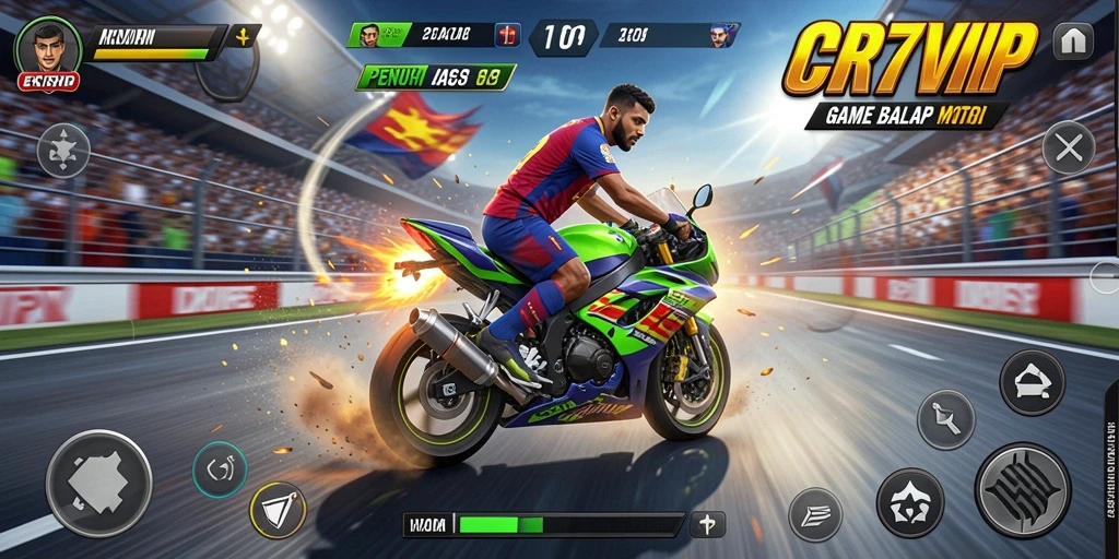 Screenshot gameplay CR7VIP menampilkan aksi balap motor yang mendebarkan.