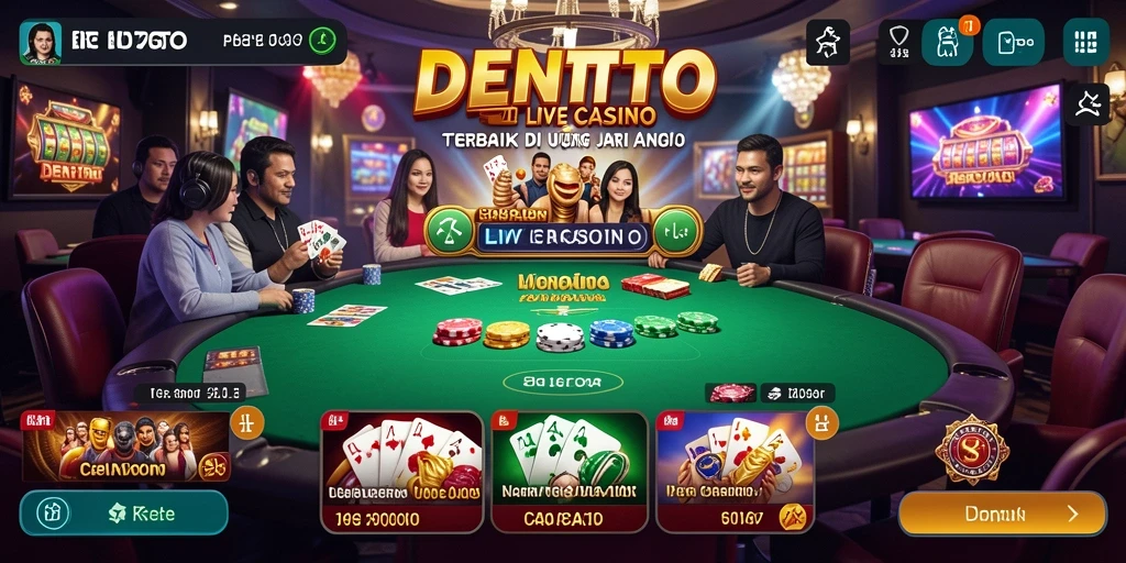 Screenshot gameplay DENTOTO menampilkan dealer profesional dan permainan Live Casino yang mendebarkan.