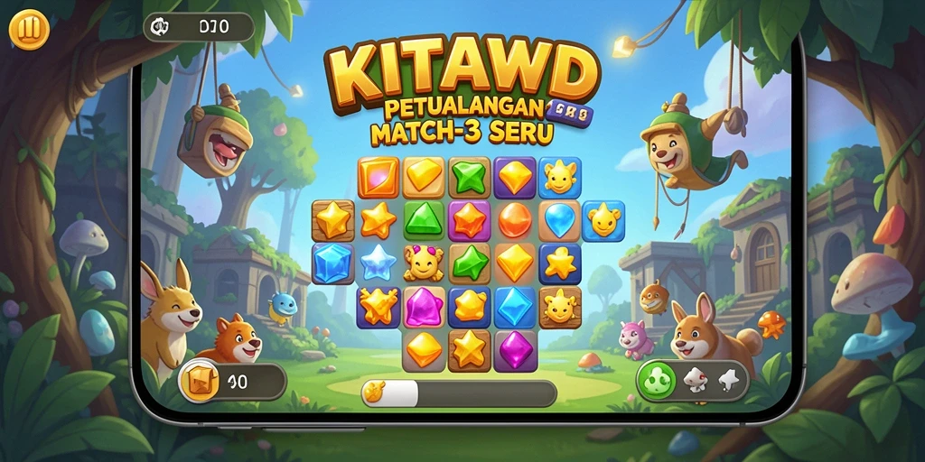 Screenshot KITAWD menampilkan gameplay Match-3 yang seru dan penuh warna.