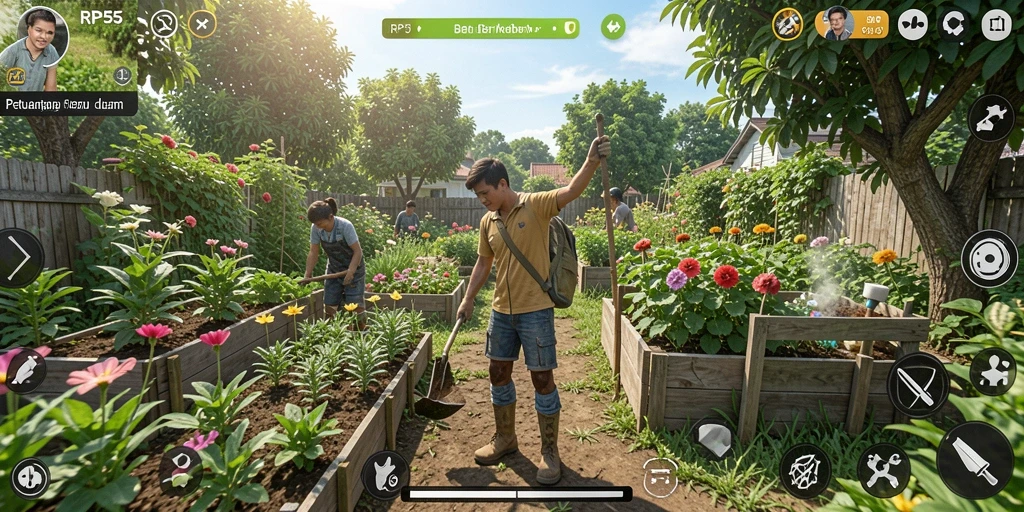 Tangkapan layar utama RP55 menampilkan berkebun yang seru dan interaksi sosial.
